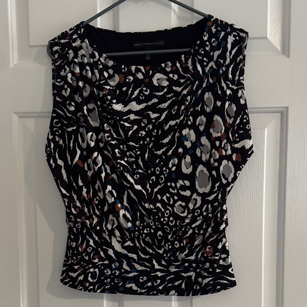 White House Black Market Black Sleeveless Animal-Print Drape Front Top